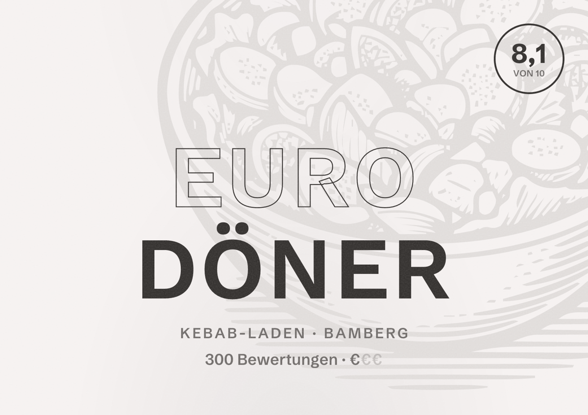 Illustriertes Poster von Euro Döner, Kebab-Laden in Bamberg: Bewertung 8,1 von 10 aus 300 Bewertungen, Preisniveau €