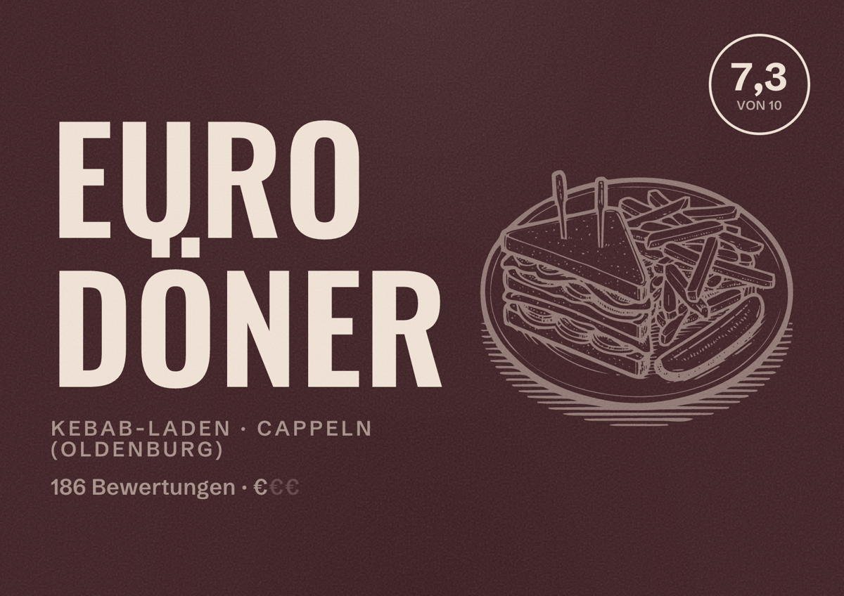 Illustriertes Poster von Euro Döner, Kebab-Laden in Cappeln (Oldenburg): Bewertung 7,3 von 10 aus 186 Bewertungen, Preisniveau €
