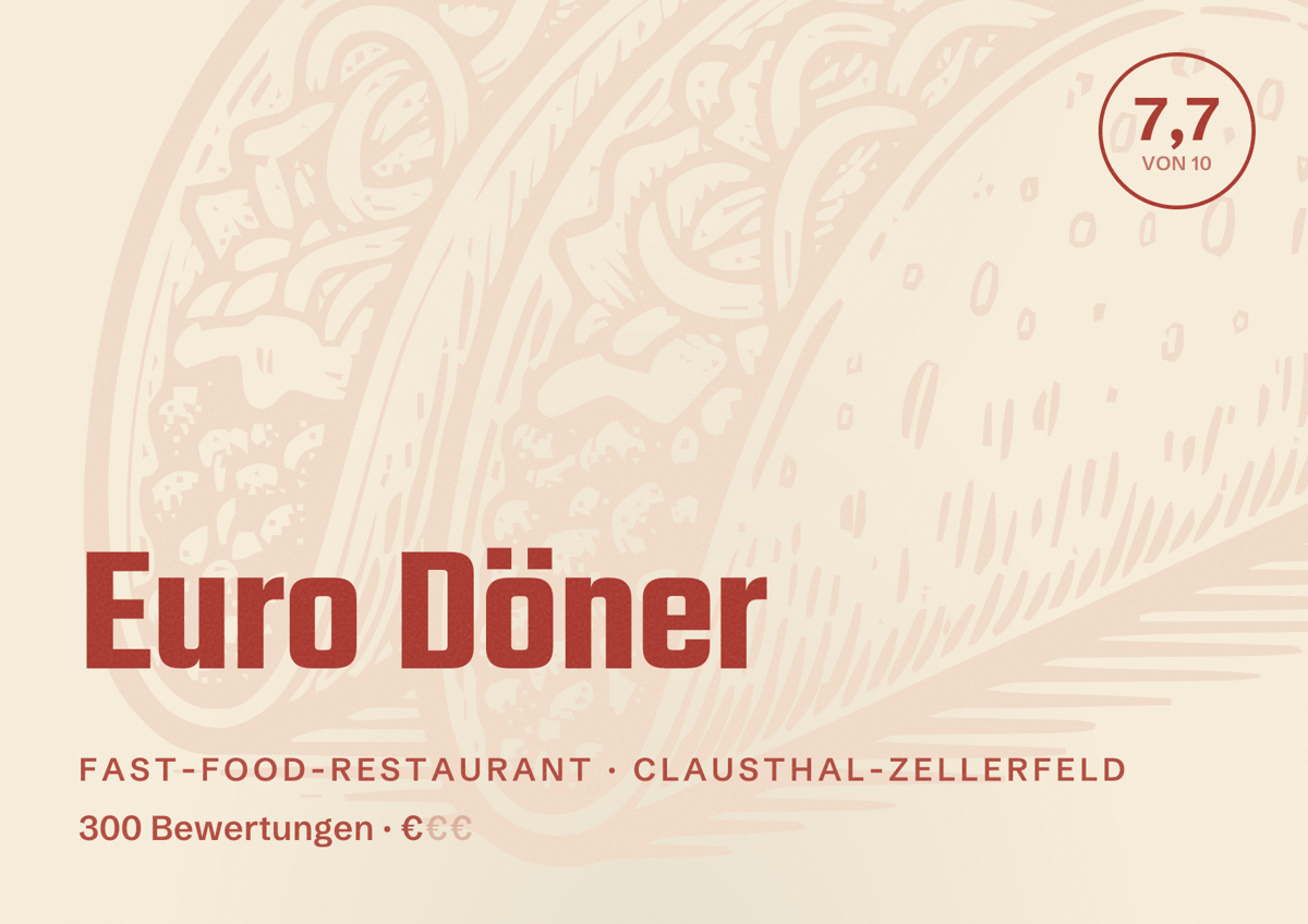 Illustriertes Poster von Euro Döner, Fast-Food-Restaurant in Clausthal-Zellerfeld: Bewertung 7,7 von 10 aus 300 Bewertungen, Preisniveau €