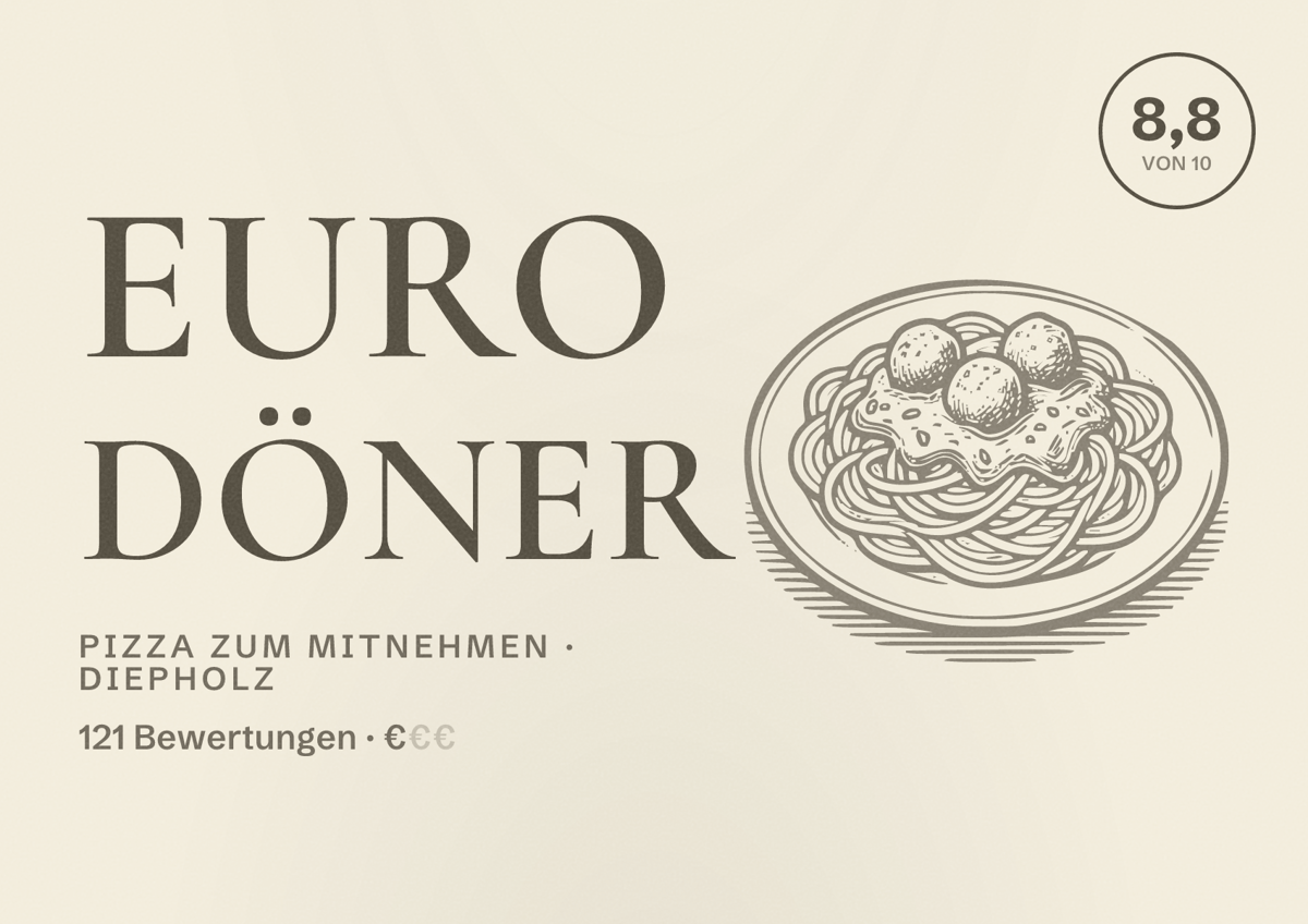 Illustriertes Poster von Euro Döner, Pizza zum Mitnehmen in Diepholz: Bewertung 8,8 von 10 aus 121 Bewertungen, Preisniveau €