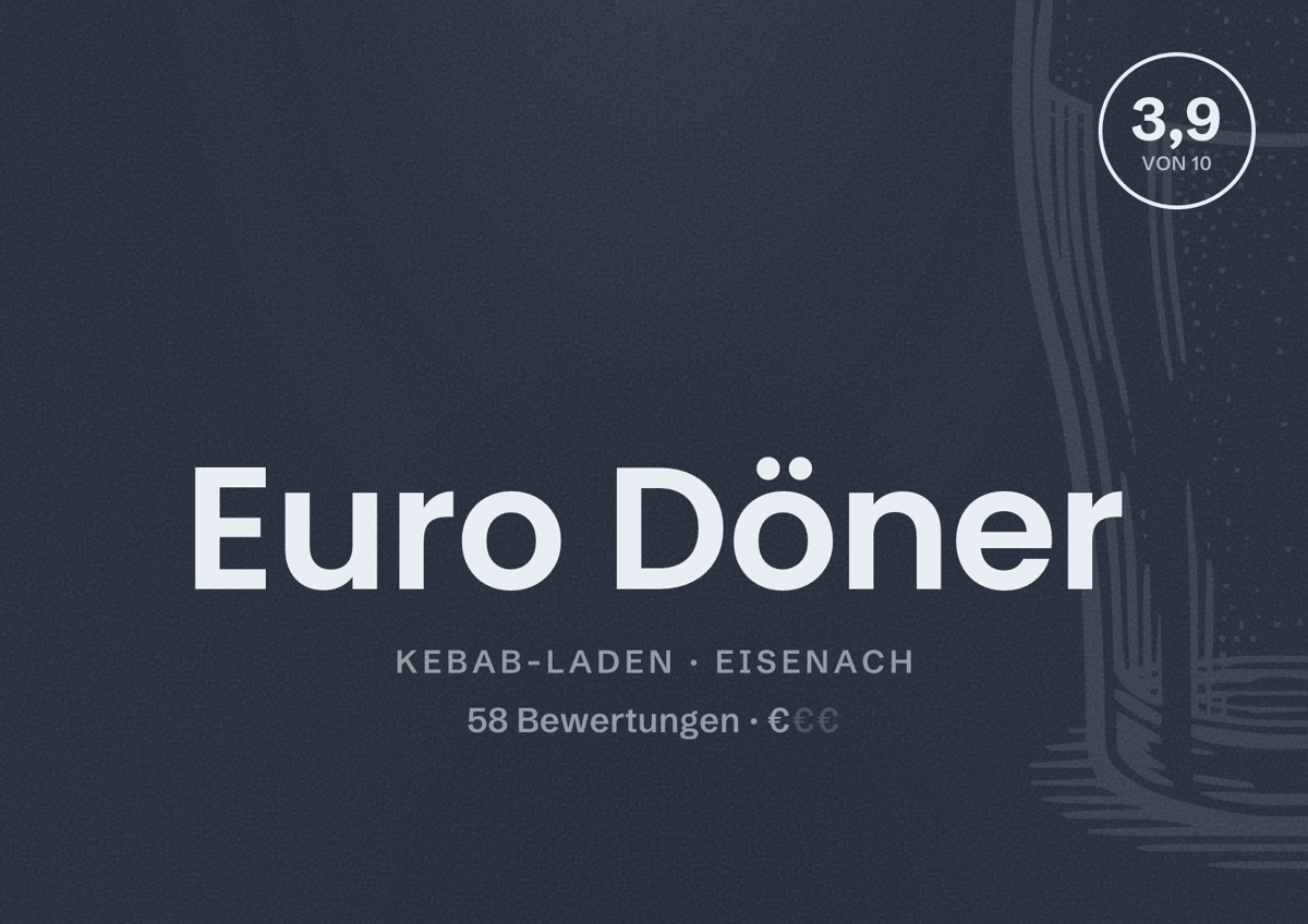Illustriertes Poster von Euro Döner, Kebab-Laden in Eisenach: Bewertung 3,9 von 10 aus 58 Bewertungen, Preisniveau €