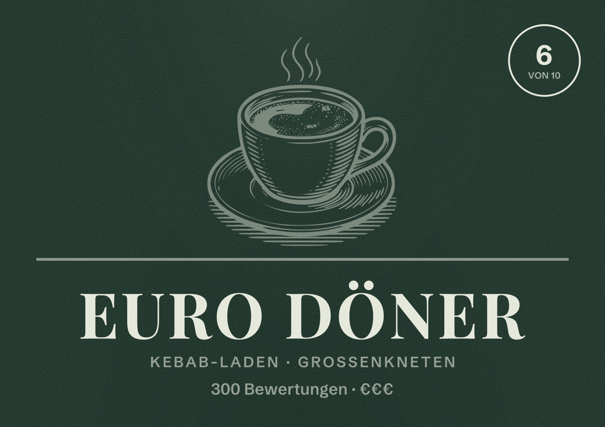 Illustriertes Poster von Euro Döner, Kebab-Laden in Großenkneten: Bewertung 6 von 10 aus 300 Bewertungen, Preisniveau €€€