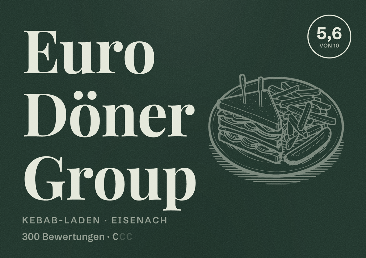 Illustriertes Poster von Euro Döner Group, Kebab-Laden in Eisenach: Bewertung 5,6 von 10 aus 300 Bewertungen, Preisniveau €