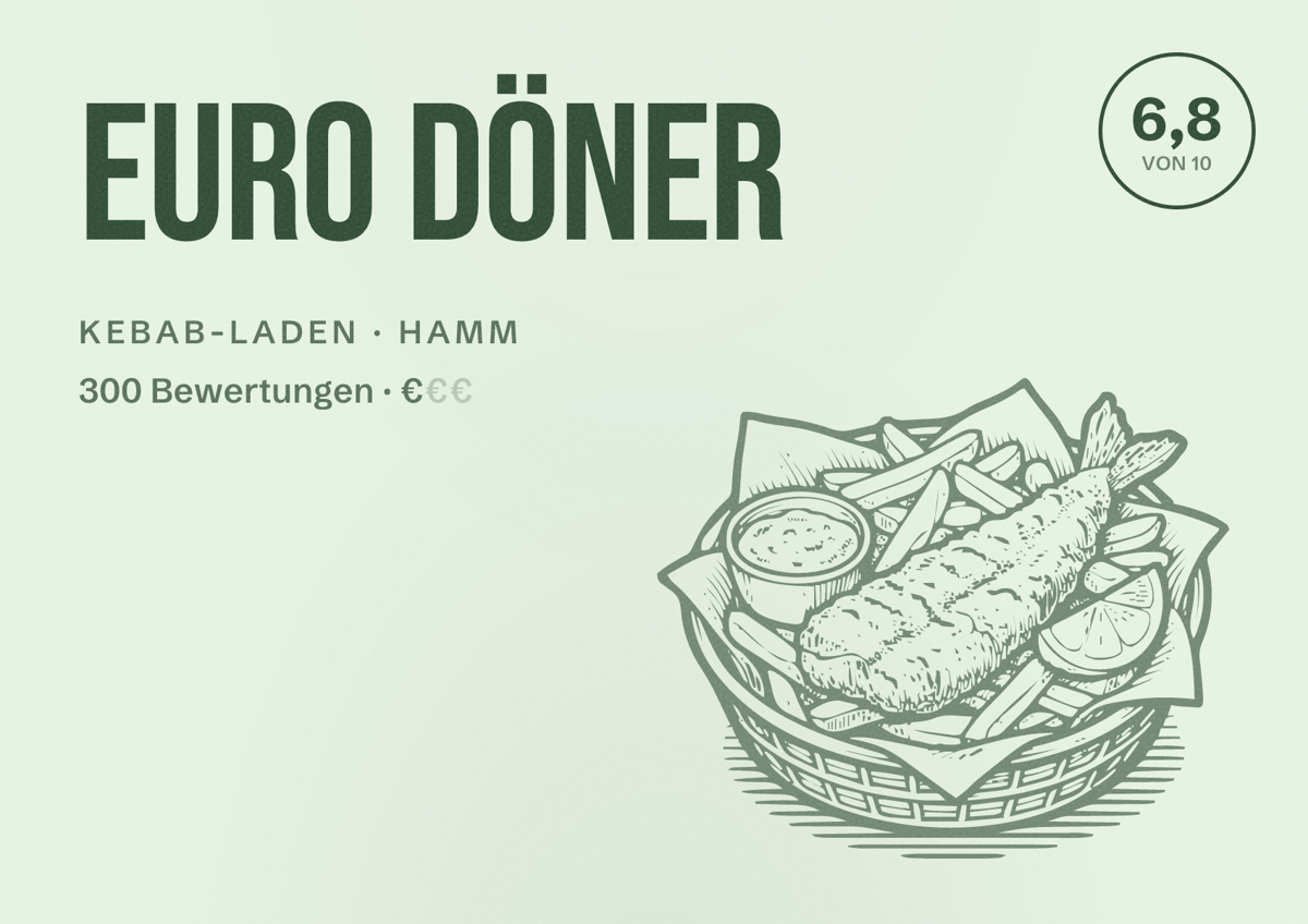 Illustriertes Poster von Euro Döner, Kebab-Laden in Hamm: Bewertung 6,8 von 10 aus 300 Bewertungen, Preisniveau €