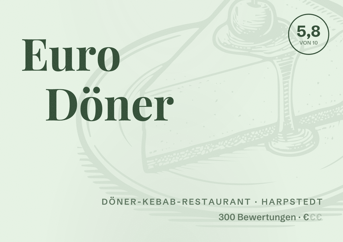 Illustriertes Poster von Euro Döner, Döner-Kebab-Restaurant in Harpstedt: Bewertung 5,8 von 10 aus 300 Bewertungen, Preisniveau €