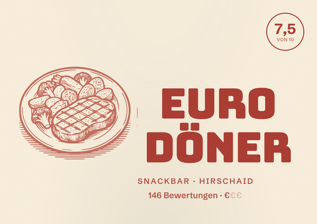 Illustriertes Poster von Euro Döner, Snackbar in Hirschaid: Bewertung 7,5 von 10 aus 146 Bewertungen, Preisniveau €