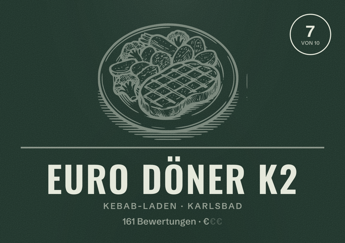 Illustriertes Poster von Euro Döner K2, Kebab-Laden in Karlsbad: Bewertung 7 von 10 aus 161 Bewertungen, Preisniveau €