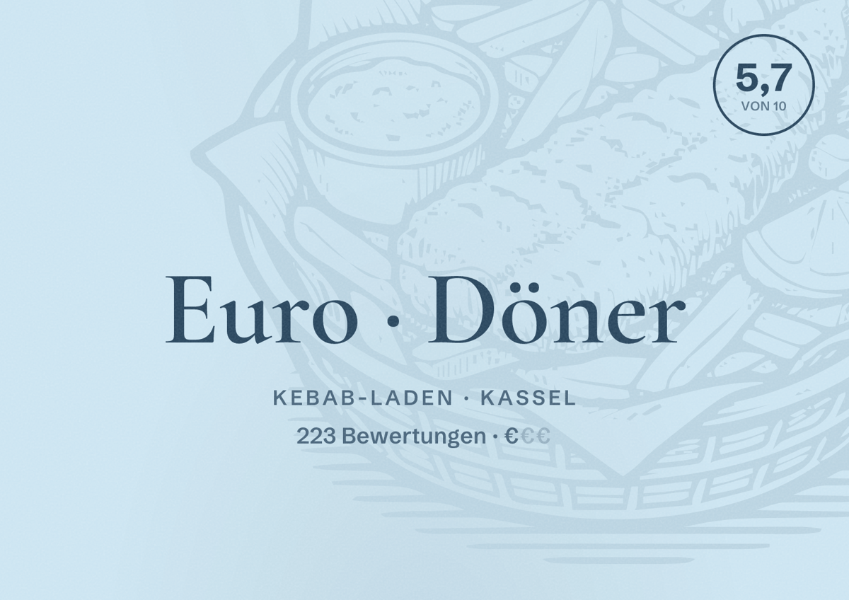 Illustriertes Poster von Euro Döner, Kebab-Laden in Kassel: Bewertung 5,7 von 10 aus 223 Bewertungen, Preisniveau €