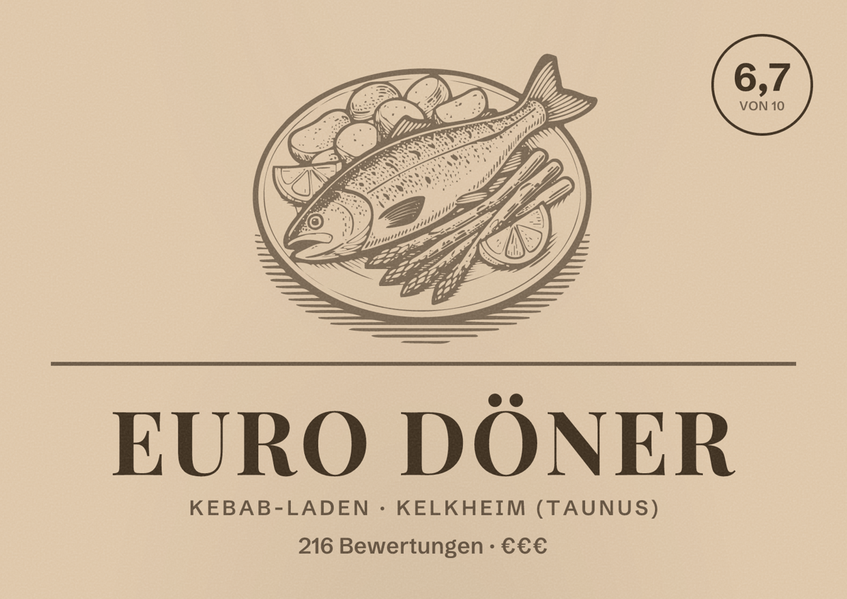 Illustriertes Poster von Euro Döner, Kebab-Laden in Kelkheim (Taunus): Bewertung 6,7 von 10 aus 216 Bewertungen, Preisniveau €€€