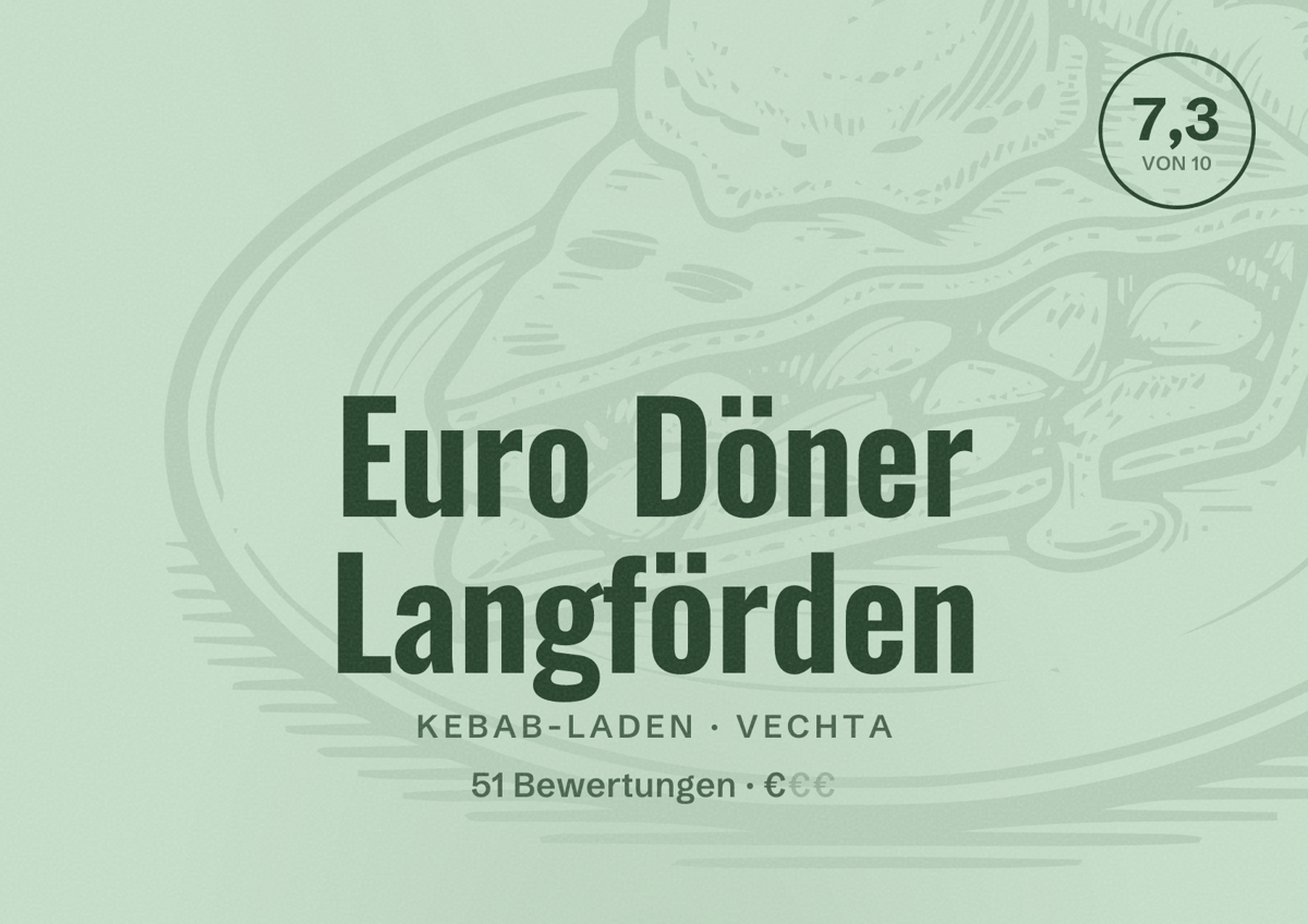 Illustriertes Poster von Euro Döner Langförden, Kebab-Laden in Vechta: Bewertung 7,3 von 10 aus 51 Bewertungen, Preisniveau €