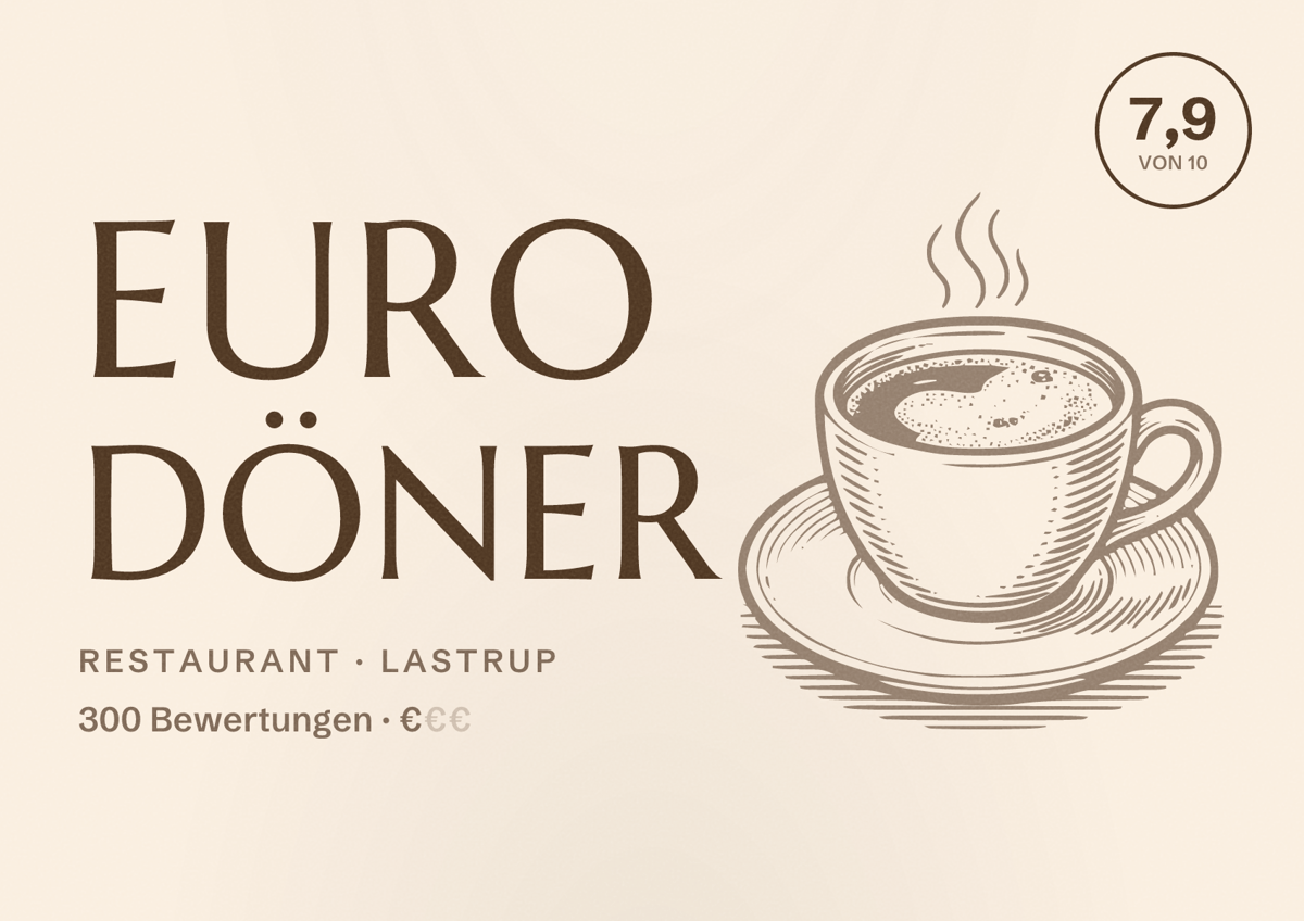 Illustriertes Poster von Euro Döner, Restaurant in Lastrup: Bewertung 7,9 von 10 aus 300 Bewertungen, Preisniveau €