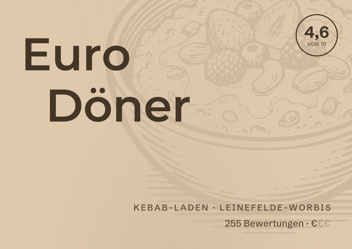 Illustriertes Poster von Euro Döner, Kebab-Laden in Leinefelde-Worbis: Bewertung 4,6 von 10 aus 255 Bewertungen, Preisniveau €