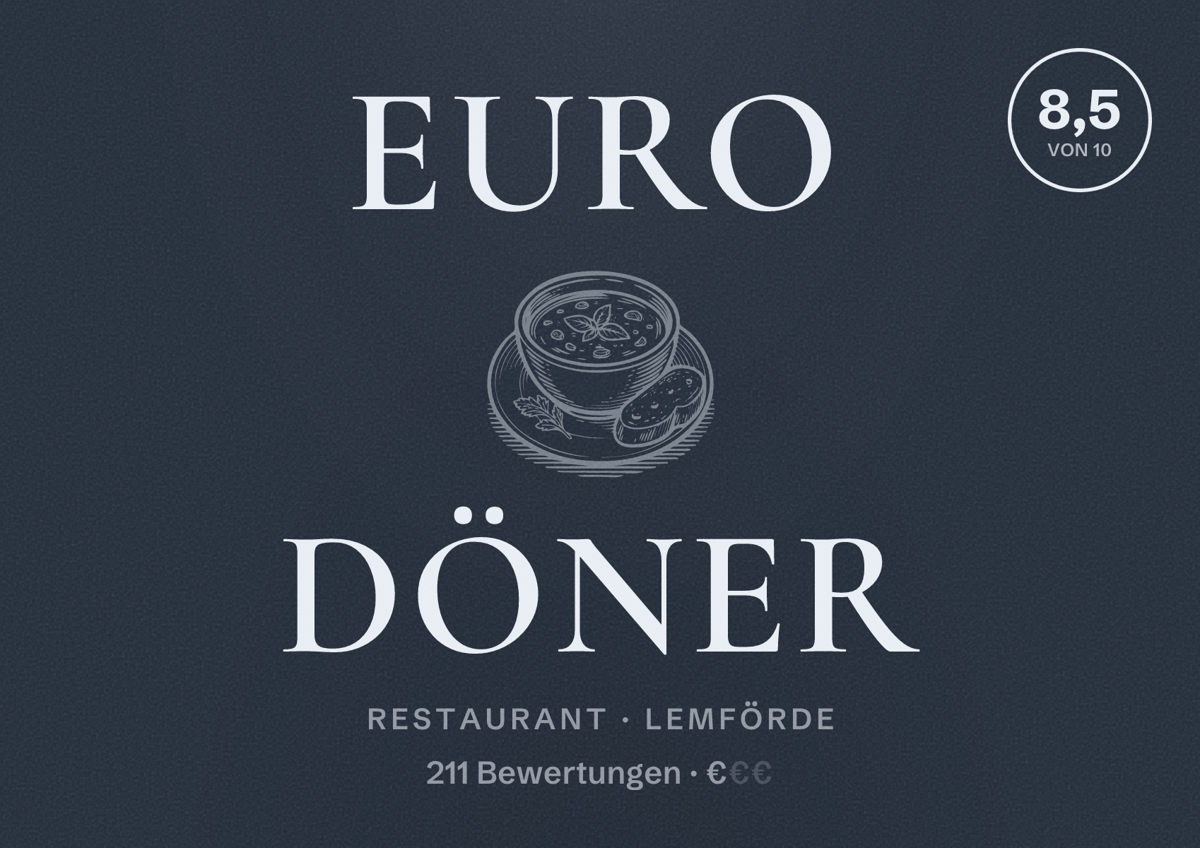 Illustriertes Poster von Euro Döner, Restaurant in Lemförde: Bewertung 8,5 von 10 aus 211 Bewertungen, Preisniveau €