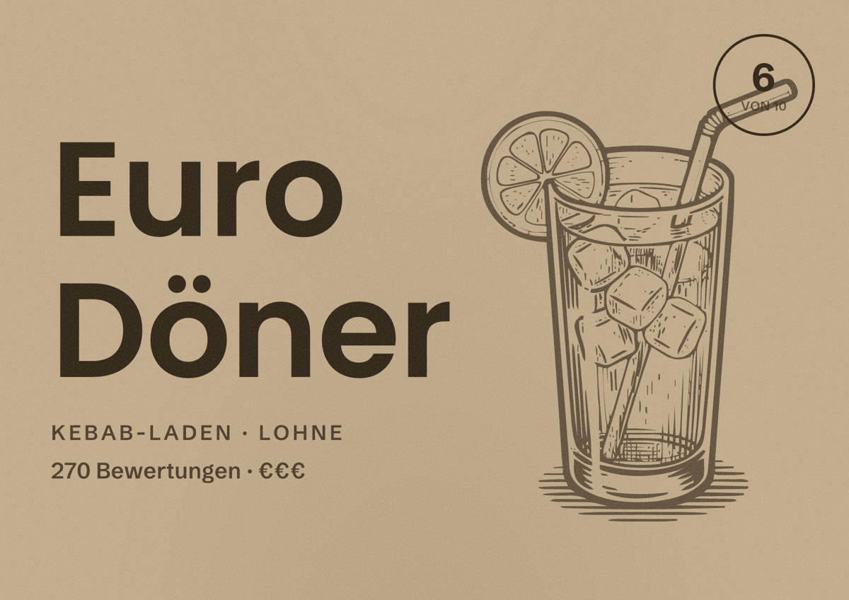 Illustriertes Poster von Euro Döner, Kebab-Laden in Lohne: Bewertung 6 von 10 aus 270 Bewertungen, Preisniveau €€€
