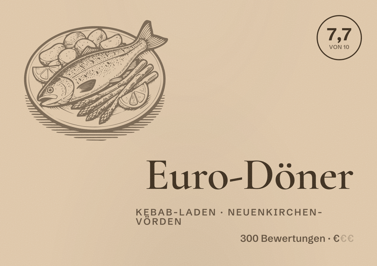 Illustriertes Poster von Euro-Döner, Kebab-Laden in Neuenkirchen-Vörden: Bewertung 7,7 von 10 aus 300 Bewertungen, Preisniveau €