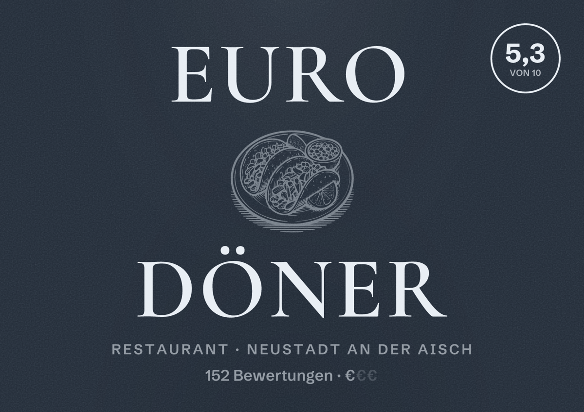 Illustriertes Poster von Euro Döner, Restaurant in Neustadt an der Aisch: Bewertung 5,3 von 10 aus 152 Bewertungen, Preisniveau €