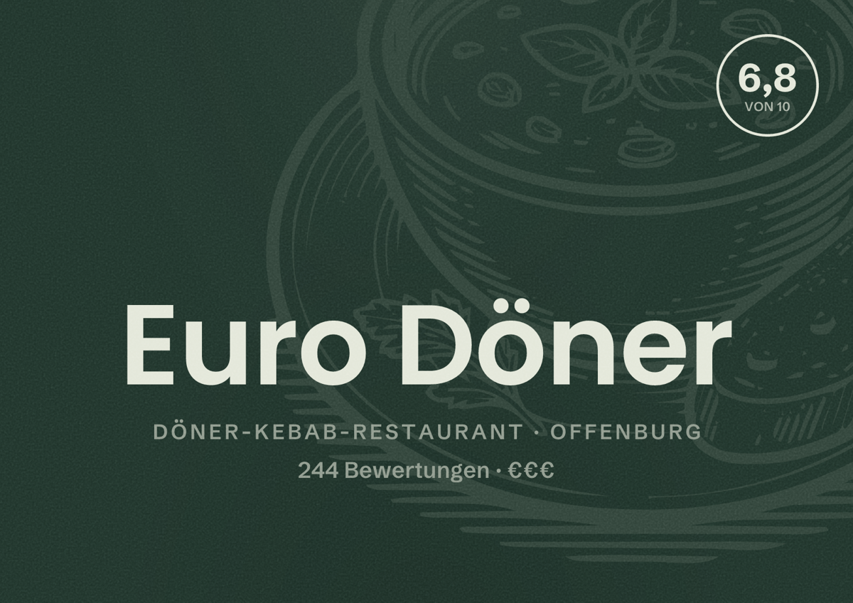 Illustriertes Poster von Euro Döner, Döner-Kebab-Restaurant in Offenburg: Bewertung 6,8 von 10 aus 244 Bewertungen, Preisniveau €€€