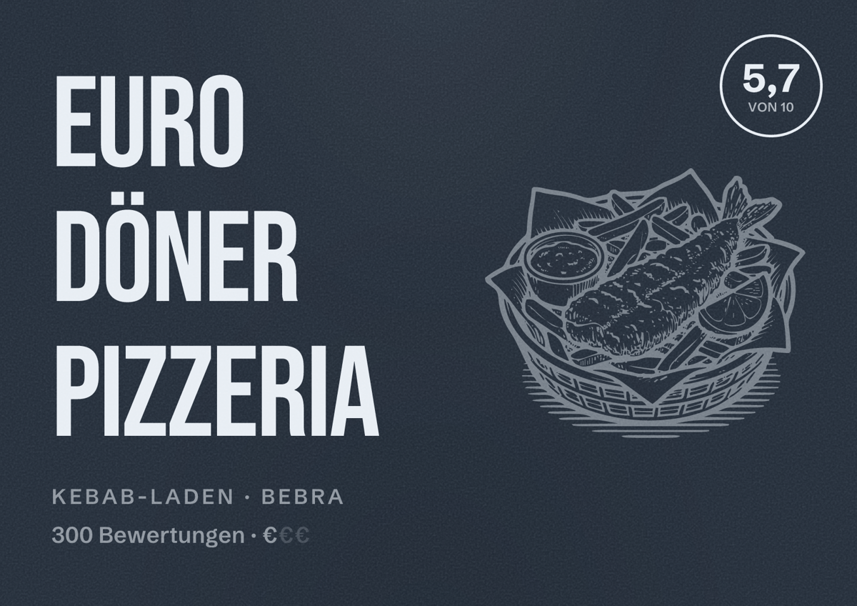 Illustriertes Poster von Euro Döner Pizzeria, Kebab-Laden in Bebra: Bewertung 5,7 von 10 aus 300 Bewertungen, Preisniveau €