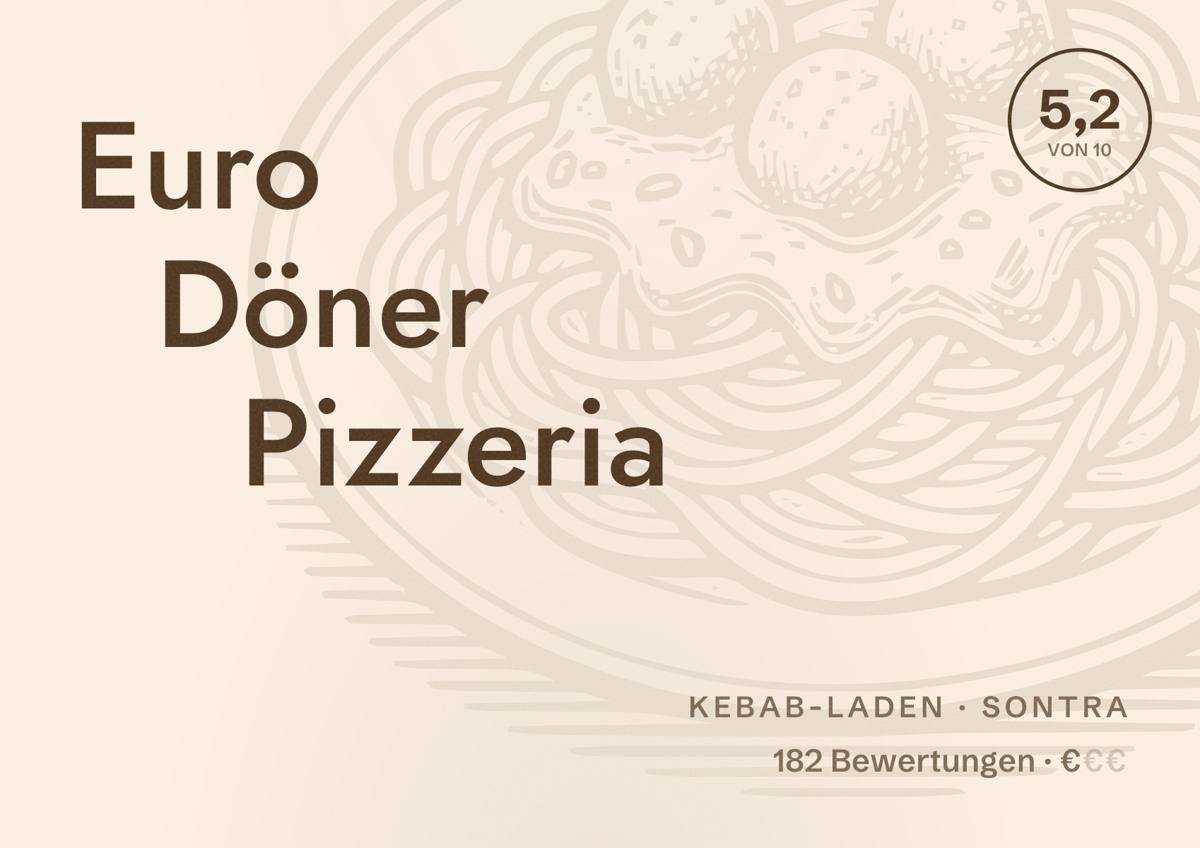 Illustriertes Poster von Euro Döner Pizzeria, Kebab-Laden in Sontra: Bewertung 5,2 von 10 aus 182 Bewertungen, Preisniveau €