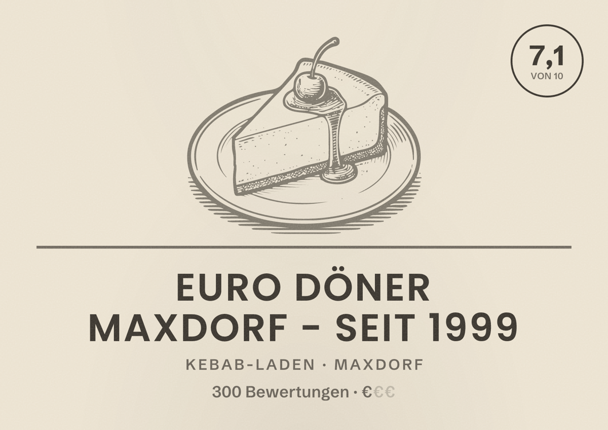 Illustriertes Poster von Euro Döner Maxdorf - seit 1999, Kebab-Laden in Maxdorf: Bewertung 7,1 von 10 aus 300 Bewertungen, Preisniveau €