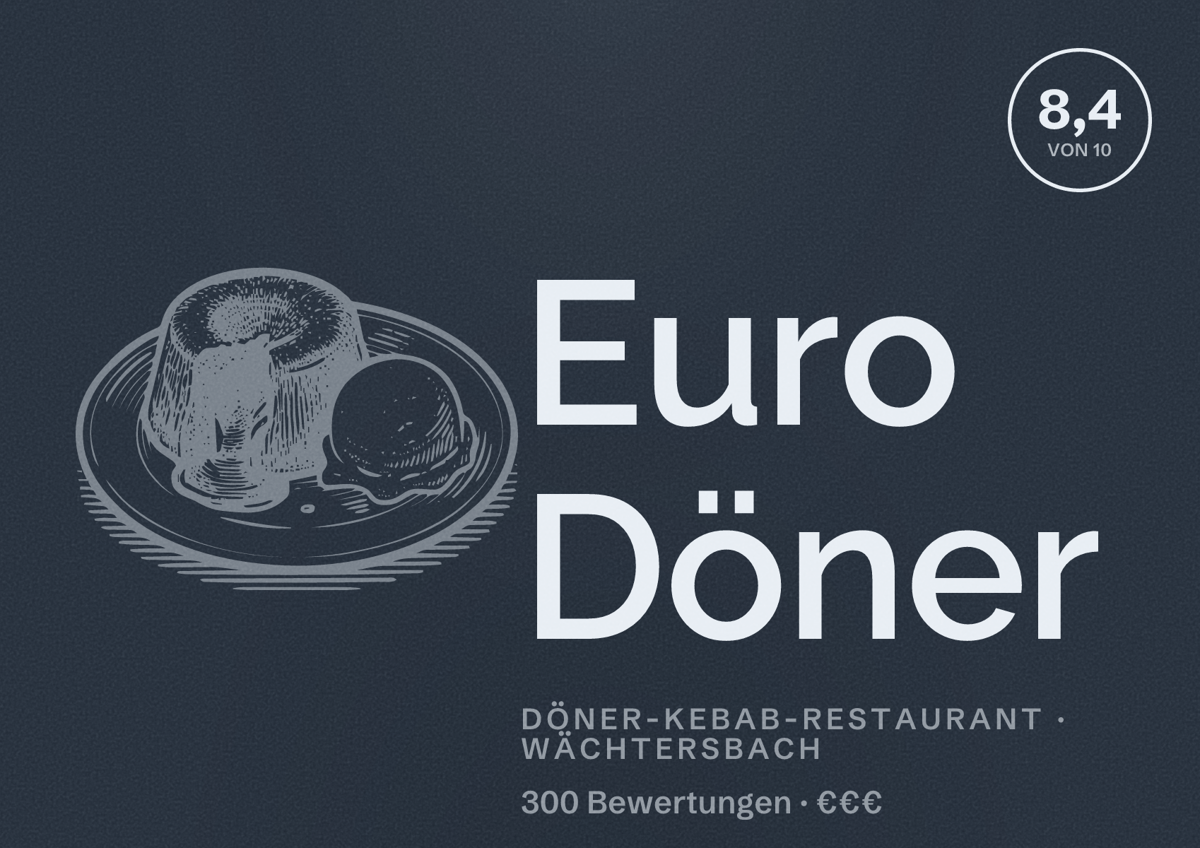 Illustriertes Poster von Euro Döner, Döner-Kebab-Restaurant in Wächtersbach: Bewertung 8,4 von 10 aus 300 Bewertungen, Preisniveau €€€