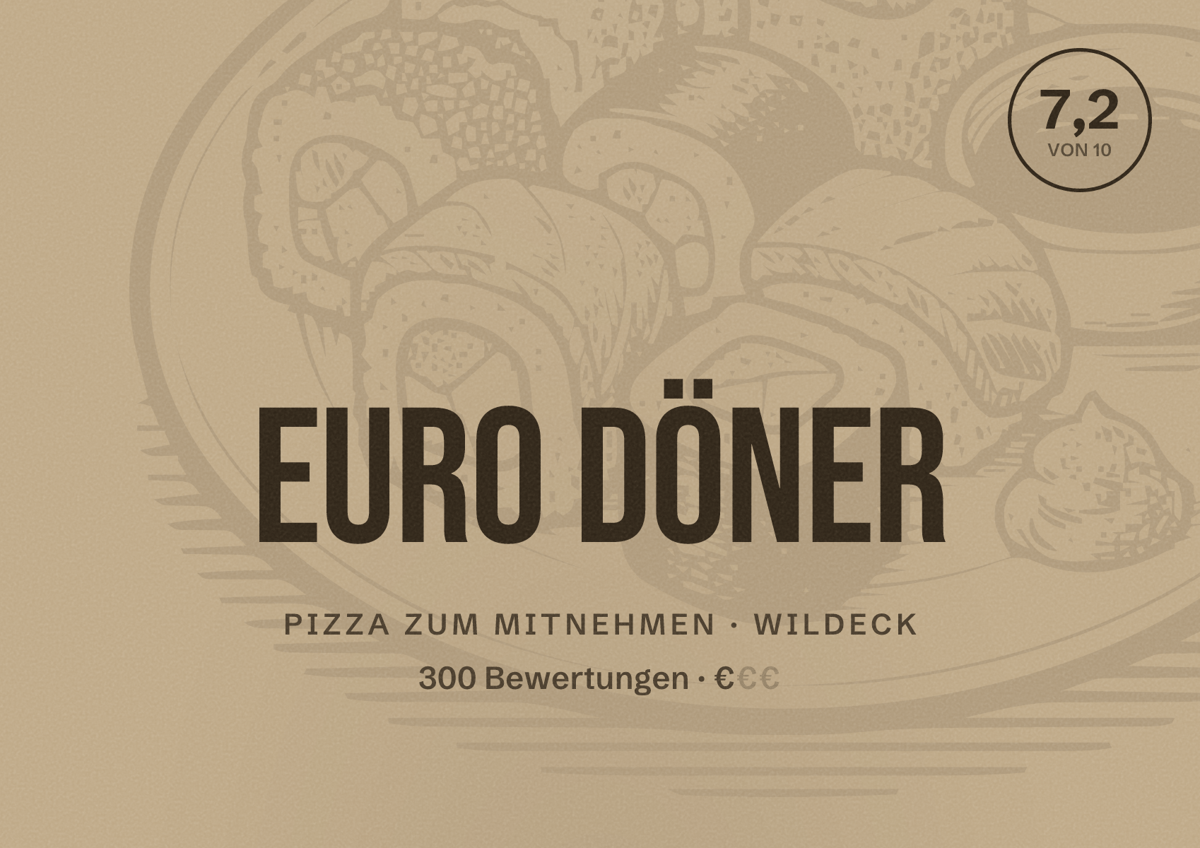 Illustriertes Poster von Euro Döner, Pizza zum Mitnehmen in Wildeck: Bewertung 7,2 von 10 aus 300 Bewertungen, Preisniveau €