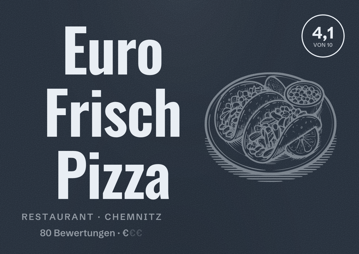 Illustriertes Poster von Euro Frisch Pizza, Restaurant in Chemnitz: Bewertung 4,1 von 10 aus 80 Bewertungen, Preisniveau €