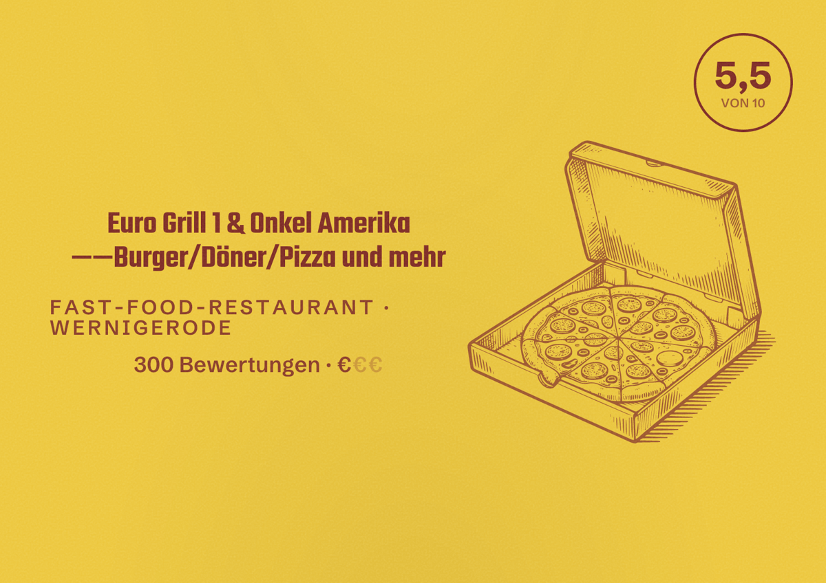Illustriertes Poster von Euro Grill 1 & Onkel Amerika ——Burger/Döner/Pizza und mehr, Fast-Food-Restaurant in Wernigerode: Bewertung 5,5 von 10 aus 300 Bewertungen, Preisniveau €