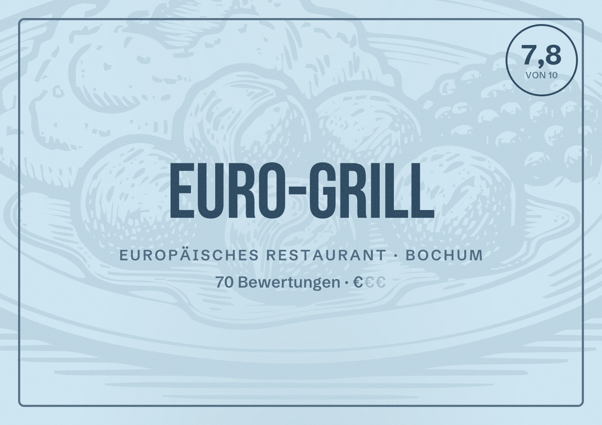 Illustriertes Poster von Euro-Grill, Europäisches Restaurant in Bochum: Bewertung 7,8 von 10 aus 70 Bewertungen, Preisniveau €