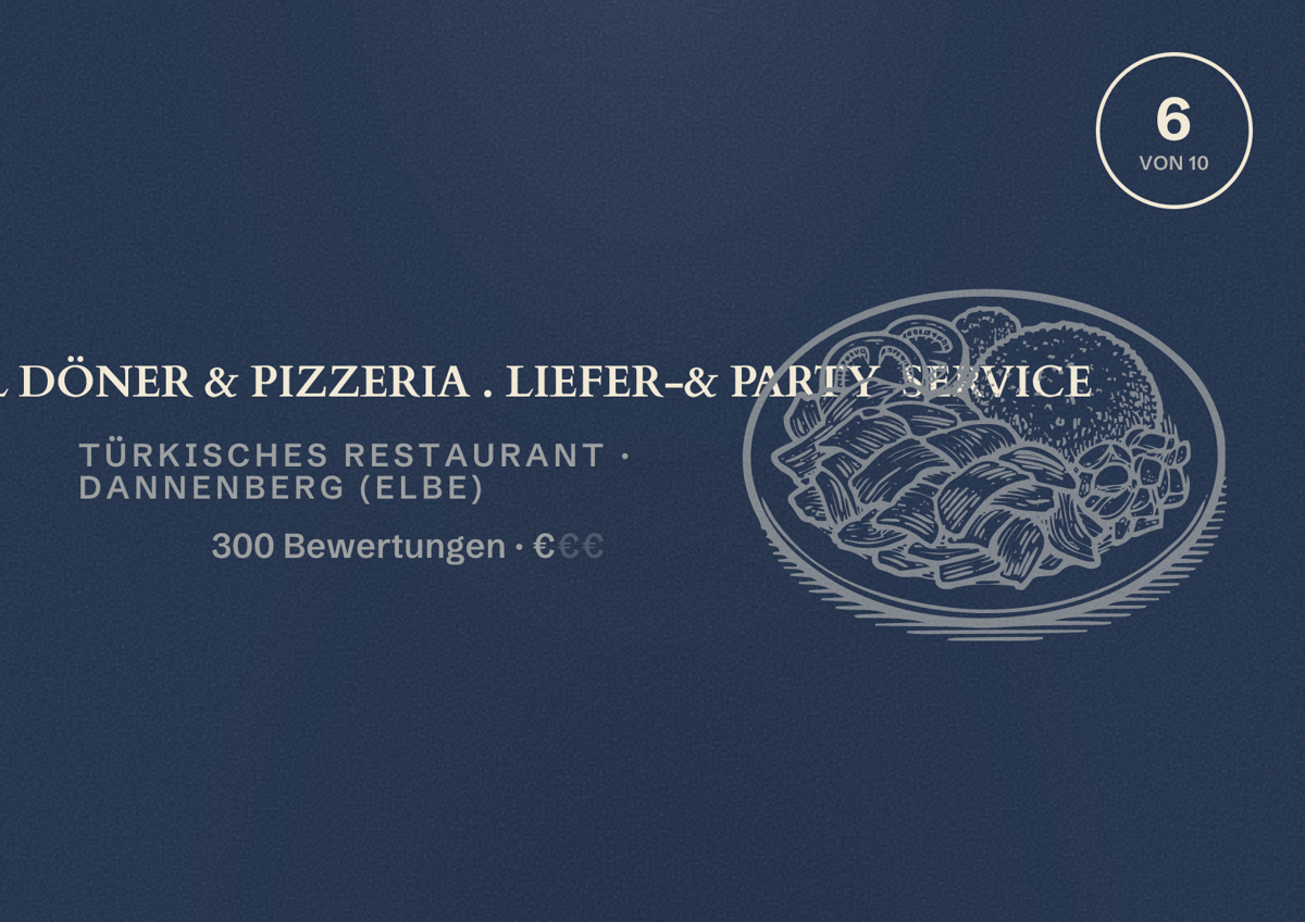 Illustriertes Poster von EURO GRILL DÖNER & PIZZERIA . LIEFER-& PARTY SERVICE, Türkisches Restaurant in Dannenberg (Elbe): Bewertung 6 von 10 aus 300 Bewertungen, Preisniveau €