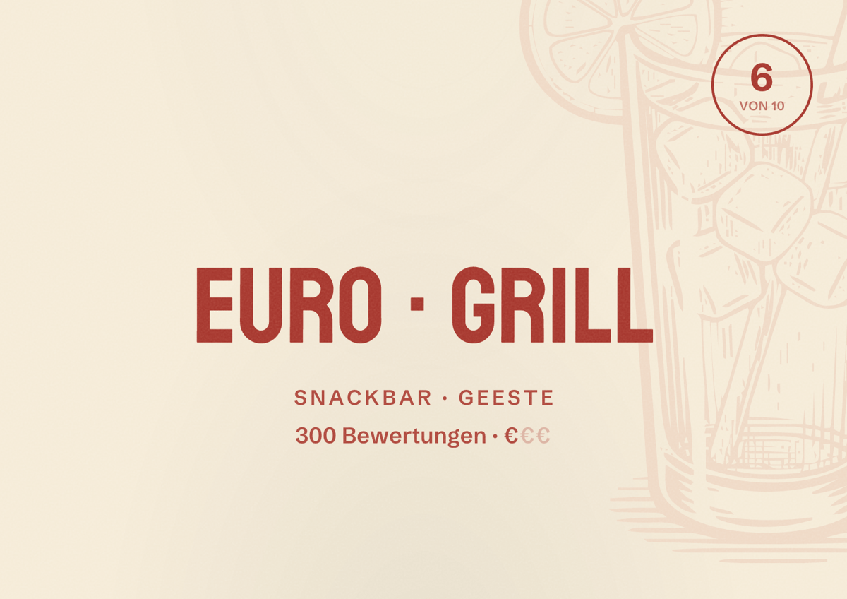Illustriertes Poster von Euro Grill, Snackbar in Geeste: Bewertung 6 von 10 aus 300 Bewertungen, Preisniveau €