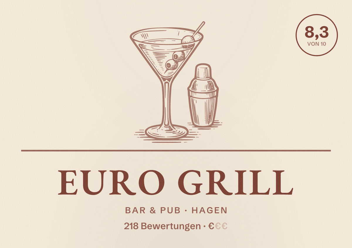 Illustriertes Poster von EURO Grill, Bar & Pub in Hagen: Bewertung 8,3 von 10 aus 218 Bewertungen, Preisniveau €