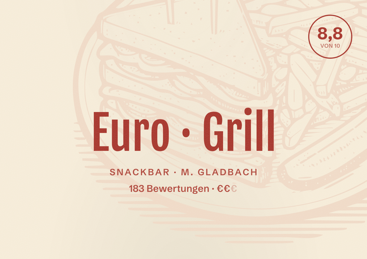 Illustriertes Poster von Euro Grill, Snackbar in M. Gladbach: Bewertung 8,8 von 10 aus 183 Bewertungen, Preisniveau €€
