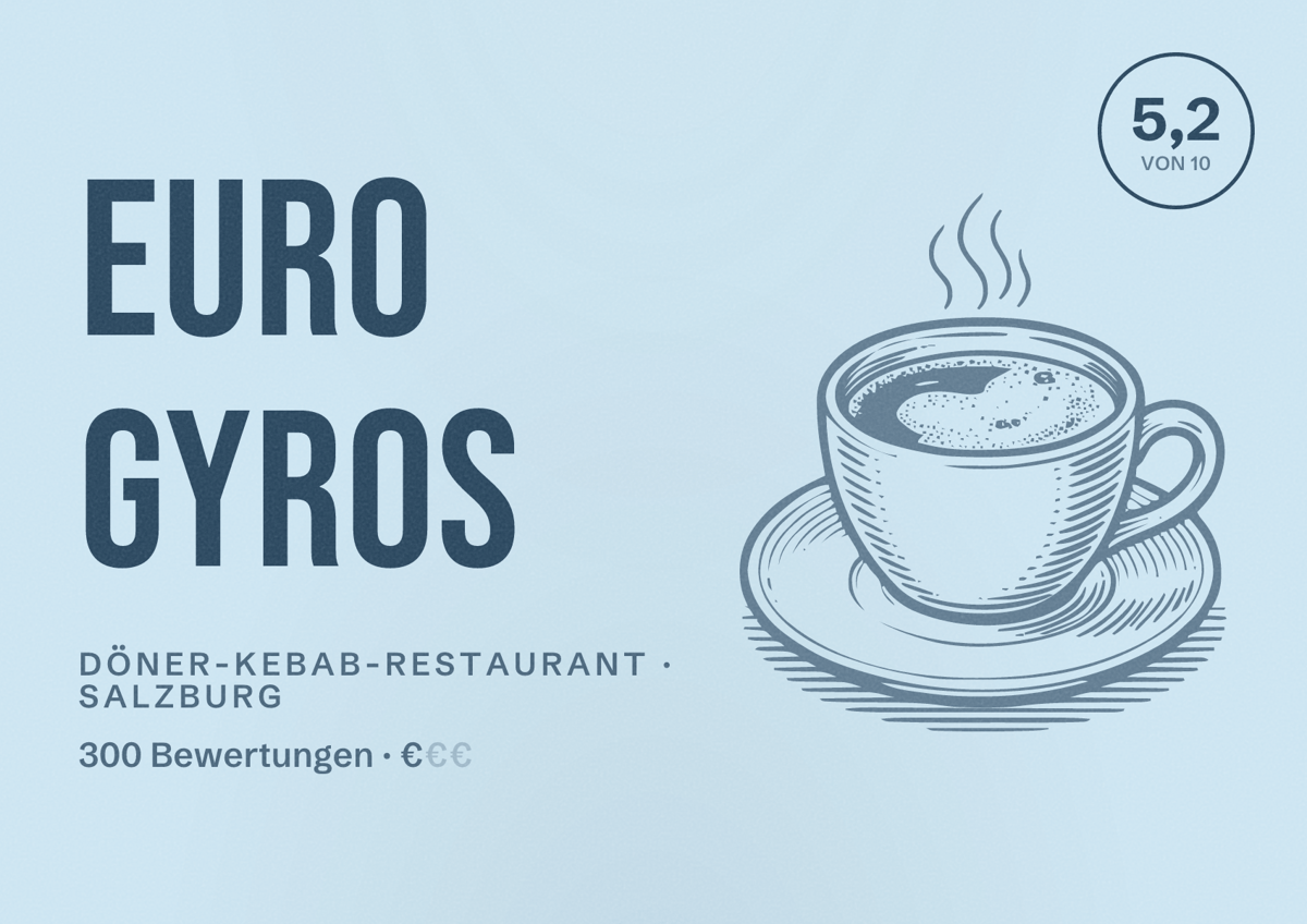 Illustriertes Poster von Euro Gyros, Döner-Kebab-Restaurant in Salzburg: Bewertung 5,2 von 10 aus 300 Bewertungen, Preisniveau €