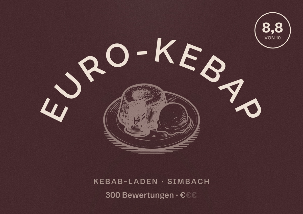 Illustriertes Poster von EURO-KEBAP, Kebab-Laden in Simbach: Bewertung 8,8 von 10 aus 300 Bewertungen, Preisniveau €