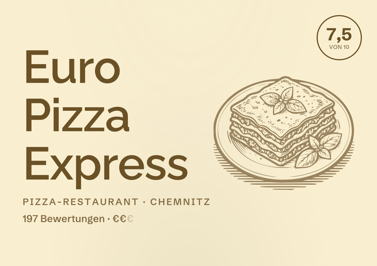 Illustriertes Poster von Euro Pizza Express, Pizza-Restaurant in Chemnitz: Bewertung 7,5 von 10 aus 197 Bewertungen, Preisniveau €€