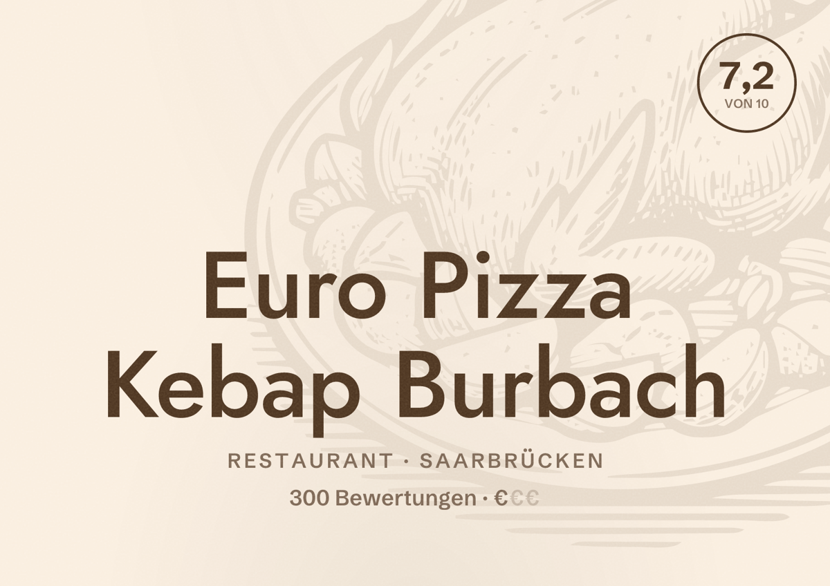 Illustriertes Poster von Euro Pizza Kebap Burbach, Restaurant in Saarbrücken: Bewertung 7,2 von 10 aus 300 Bewertungen, Preisniveau €