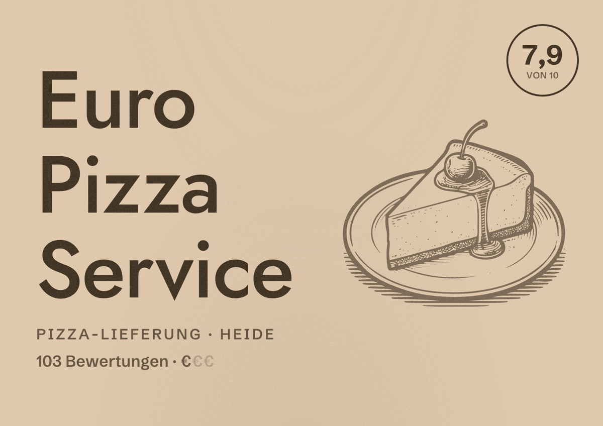 Illustriertes Poster von Euro Pizza Service, Pizza-Lieferung in Heide: Bewertung 7,9 von 10 aus 103 Bewertungen, Preisniveau €