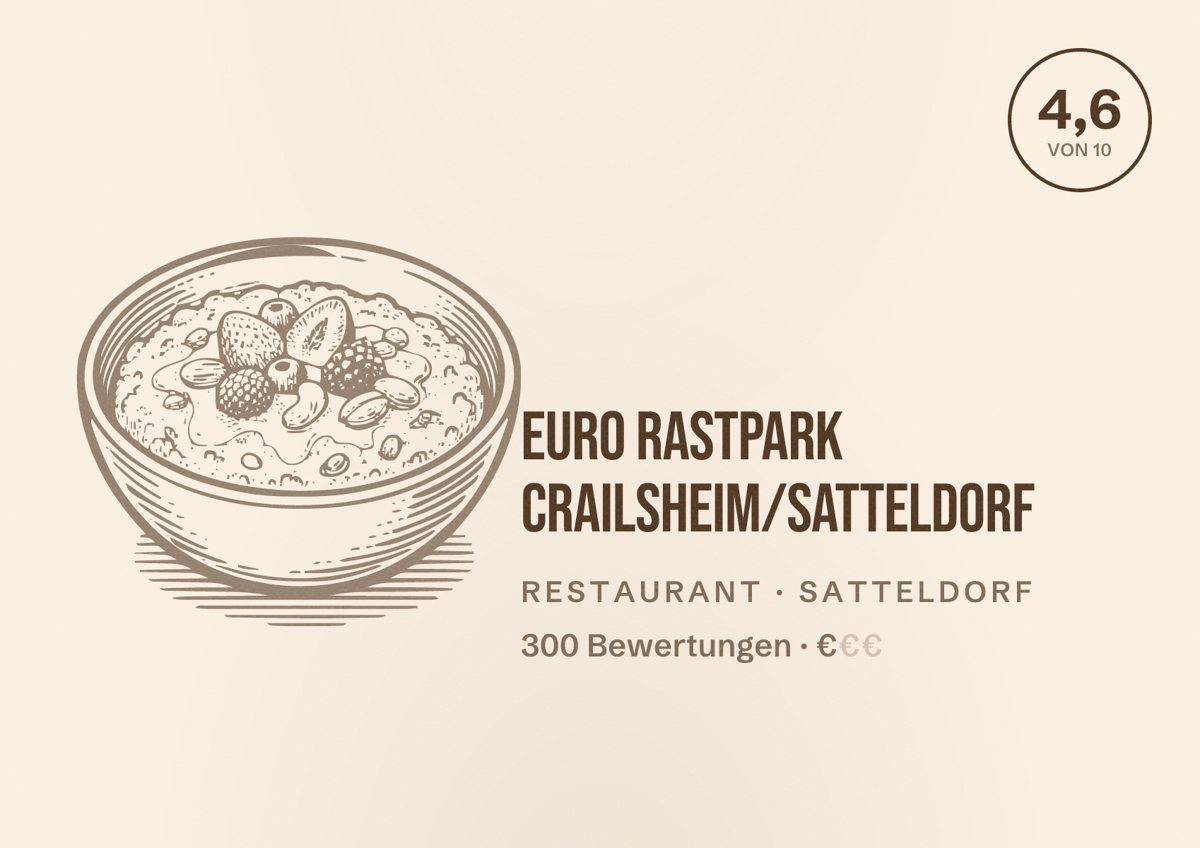 Illustriertes Poster von Euro Rastpark Crailsheim/Satteldorf, Restaurant in Satteldorf: Bewertung 4,6 von 10 aus 300 Bewertungen, Preisniveau €