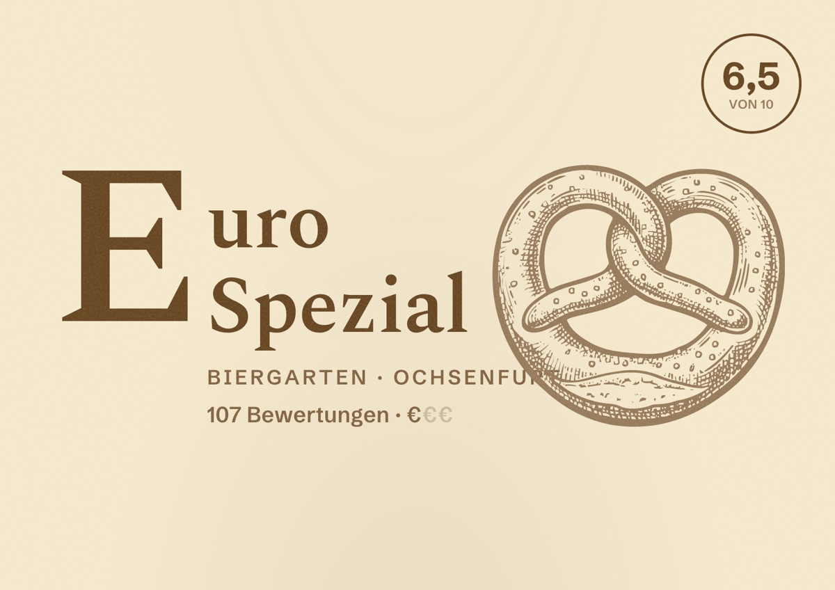 Illustriertes Poster von Euro Spezial, Biergarten in Ochsenfurt: Bewertung 6,5 von 10 aus 107 Bewertungen, Preisniveau €