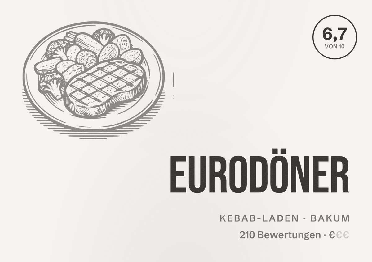 Illustriertes Poster von Eurodöner, Kebab-Laden in Bakum: Bewertung 6,7 von 10 aus 210 Bewertungen, Preisniveau €