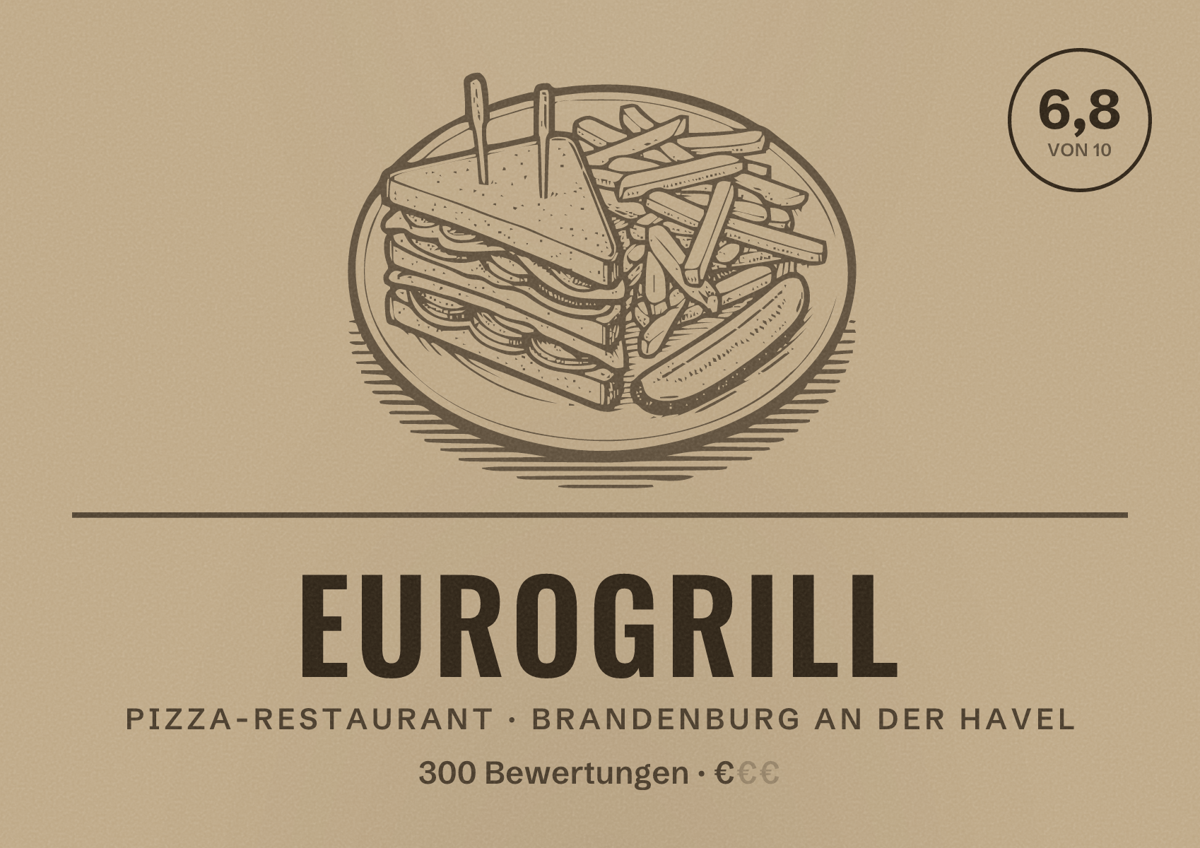 Illustriertes Poster von EuroGrill, Pizza-Restaurant in Brandenburg an der Havel: Bewertung 6,8 von 10 aus 300 Bewertungen, Preisniveau €
