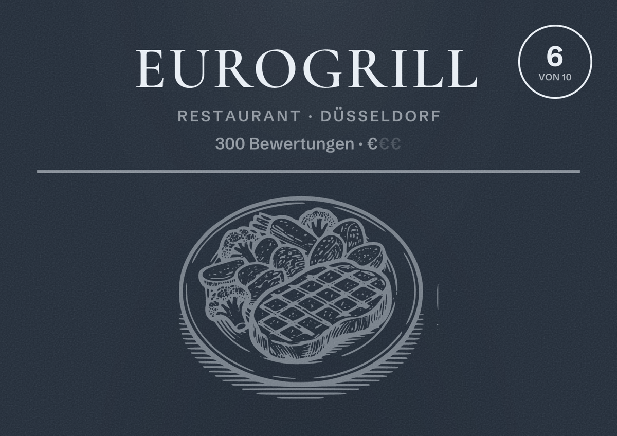 Illustriertes Poster von Eurogrill, Restaurant in Düsseldorf: Bewertung 6 von 10 aus 300 Bewertungen, Preisniveau €