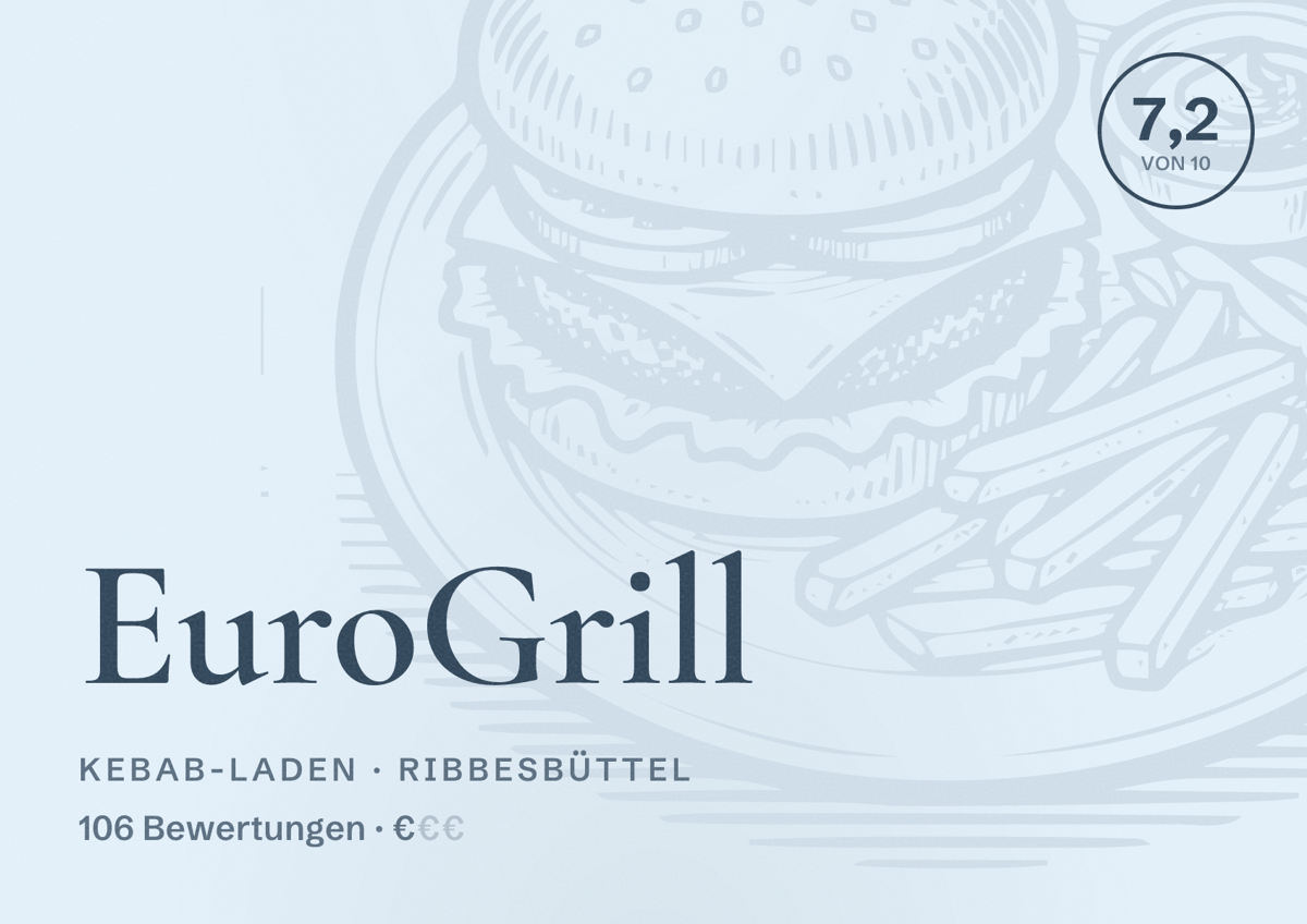 Illustriertes Poster von EuroGrill, Kebab-Laden in Ribbesbüttel: Bewertung 7,2 von 10 aus 106 Bewertungen, Preisniveau €
