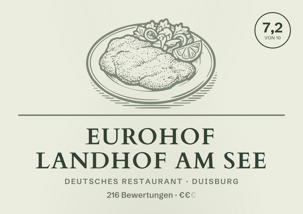 Illustriertes Poster von Eurohof Landhof am See, Deutsches Restaurant in Duisburg: Bewertung 7,2 von 10 aus 216 Bewertungen, Preisniveau €€