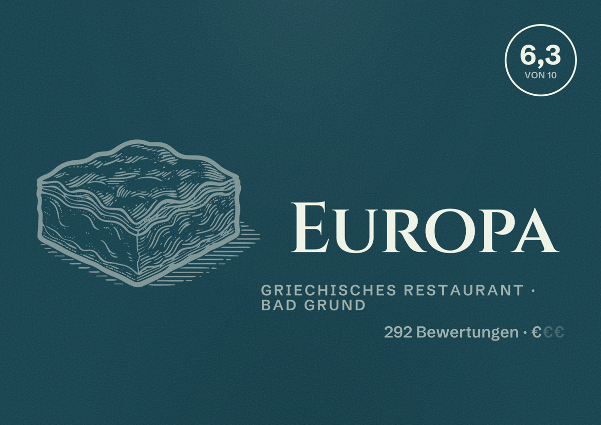 Illustriertes Poster von Europa, Griechisches Restaurant in Bad Grund: Bewertung 6,3 von 10 aus 292 Bewertungen, Preisniveau €