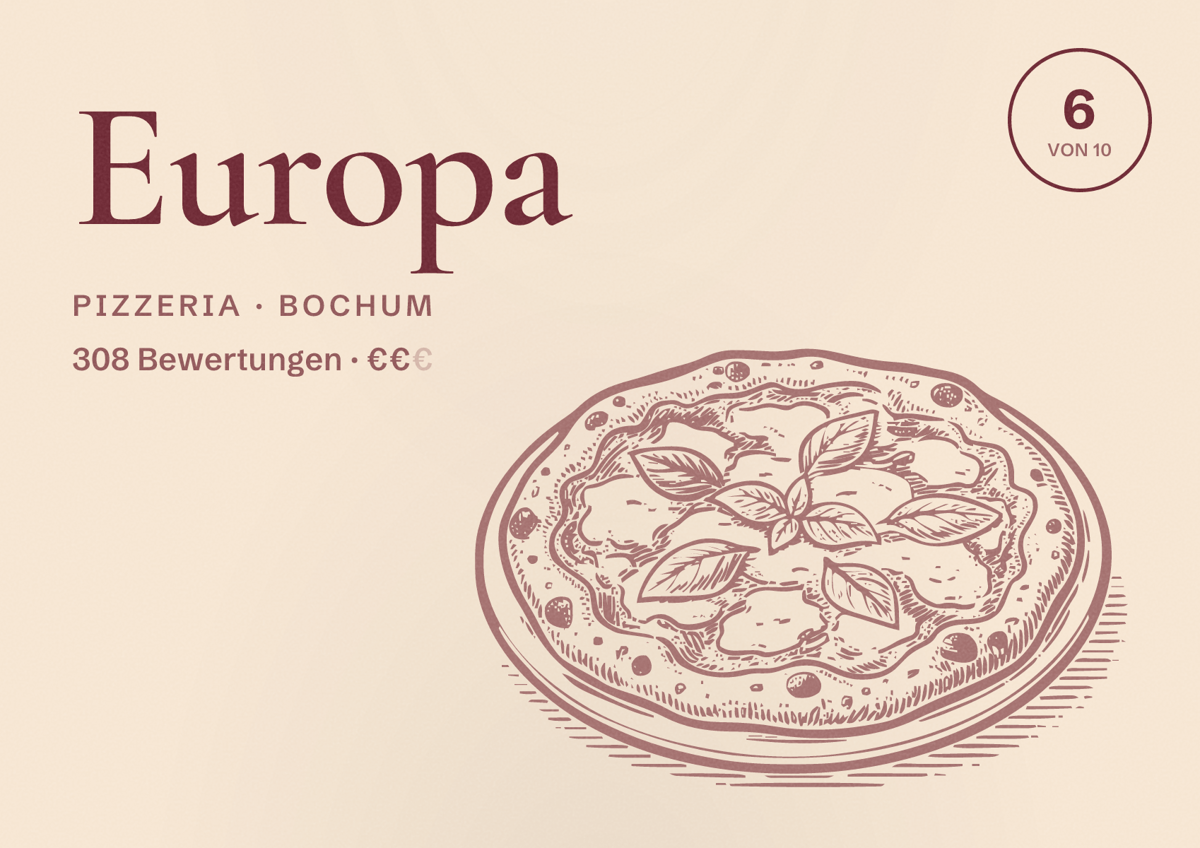 Illustriertes Poster von Europa, Pizzeria in Bochum: Bewertung 6,0 von 10 aus 308 Bewertungen, Preisniveau €€