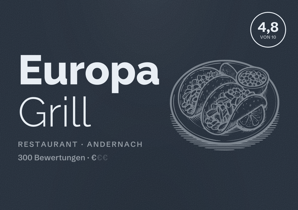 Illustriertes Poster von Europa Grill, Restaurant in Andernach: Bewertung 4,8 von 10 aus 300 Bewertungen, Preisniveau €