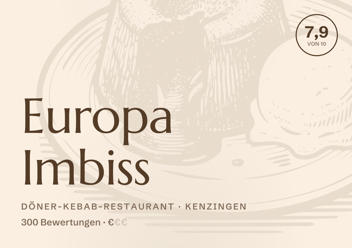 Illustriertes Poster von Europa Imbiss, Döner-Kebab-Restaurant in Kenzingen: Bewertung 7,9 von 10 aus 300 Bewertungen, Preisniveau €