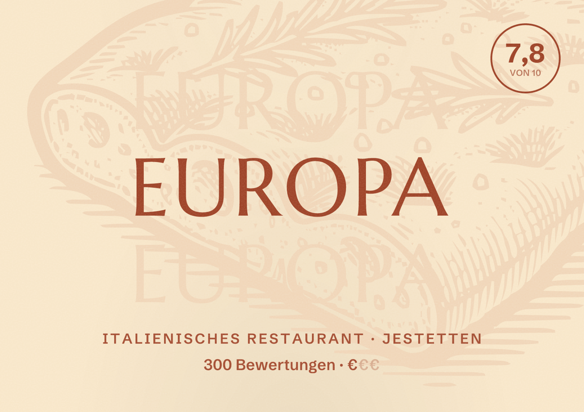 Illustriertes Poster von Europa, Italienisches Restaurant in Jestetten: Bewertung 7,8 von 10 aus 300 Bewertungen, Preisniveau €